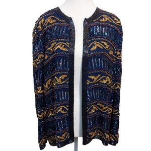 Sequin Beaded Blazer Creative Creations Jacket Top Blue and Gold Women's Medium